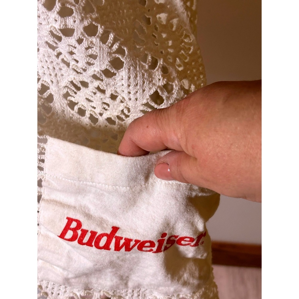 Vintage Blaggio Crochet Lace Budweiser Pocket‎ Tank Top Made USA, ONE SIZE FITS